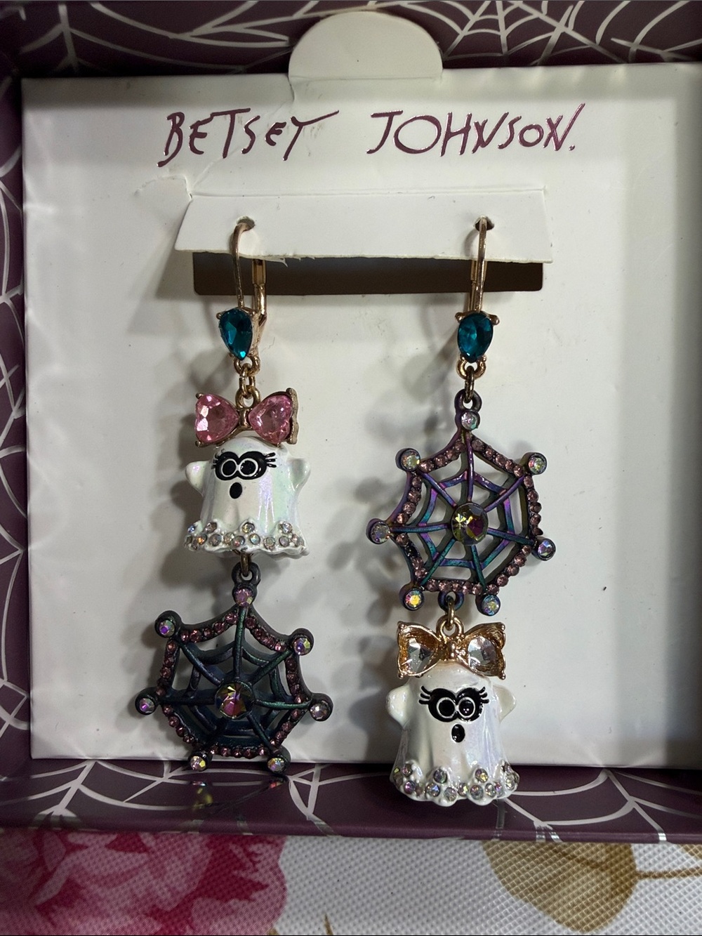 Betsey Johnson Pink, Teal & Iridescent Ghost and Spiderweb Drop Earrings